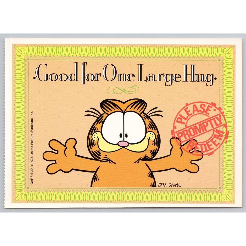 Vintage Garfield Cat 4x6 Art / Postcard‎ Jim Davis 1978 "One Large Hug" Coupon